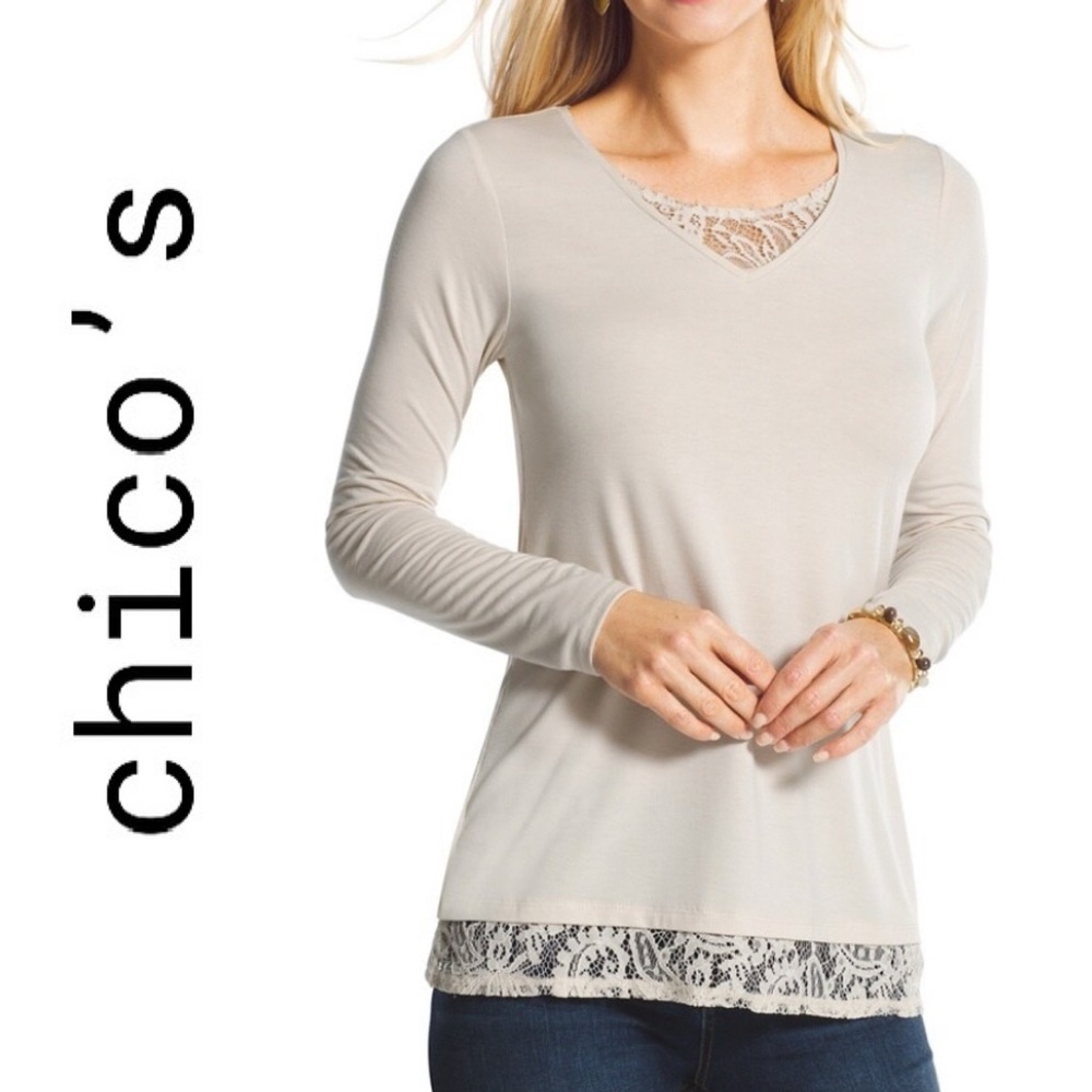 Chico’s Angie Lace Detail Long Sleeve Top Ladies 2 - Picture 13 of 15